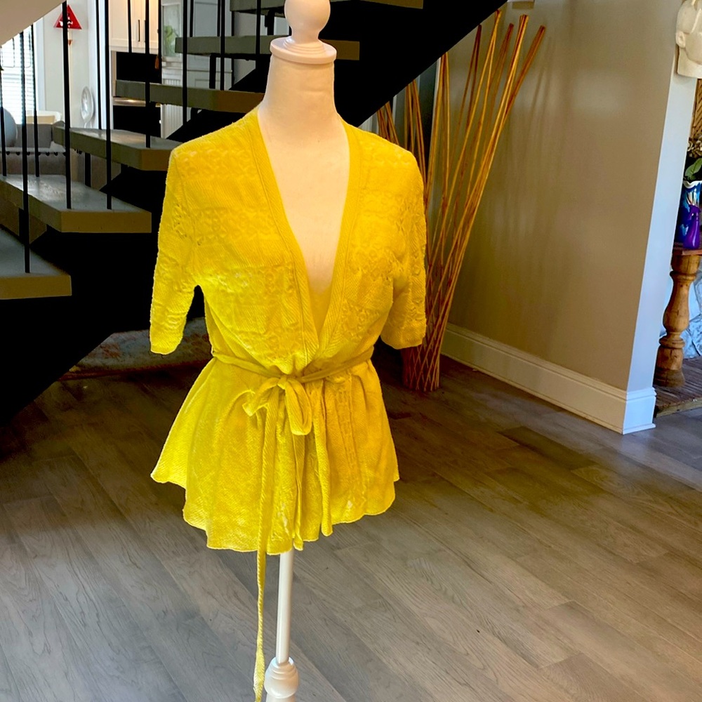 Anthropology neon yellow belted sweater.